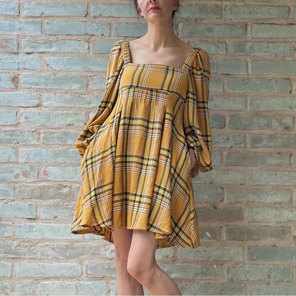 Urban Outfitters Dress Lachlan Flannel Smocked Minidress Yellow Plaid Babydoll